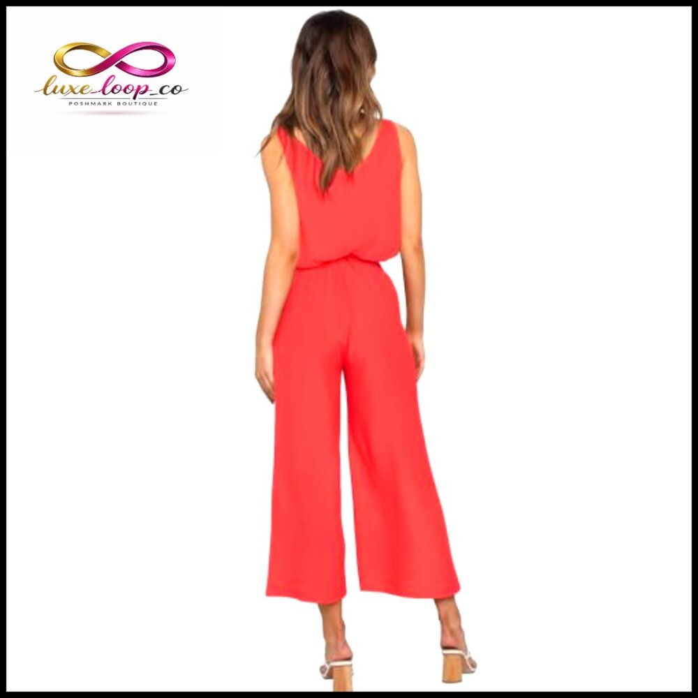 Women's 2-Piece Set V-Neck Tank Top High-Waisted Cropped Paper Bag Pants - Picture 2 of 7